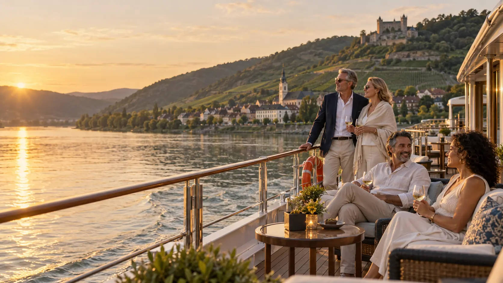 Guests enjoying wine aboard a luxury river cruise on the Danube at sunset