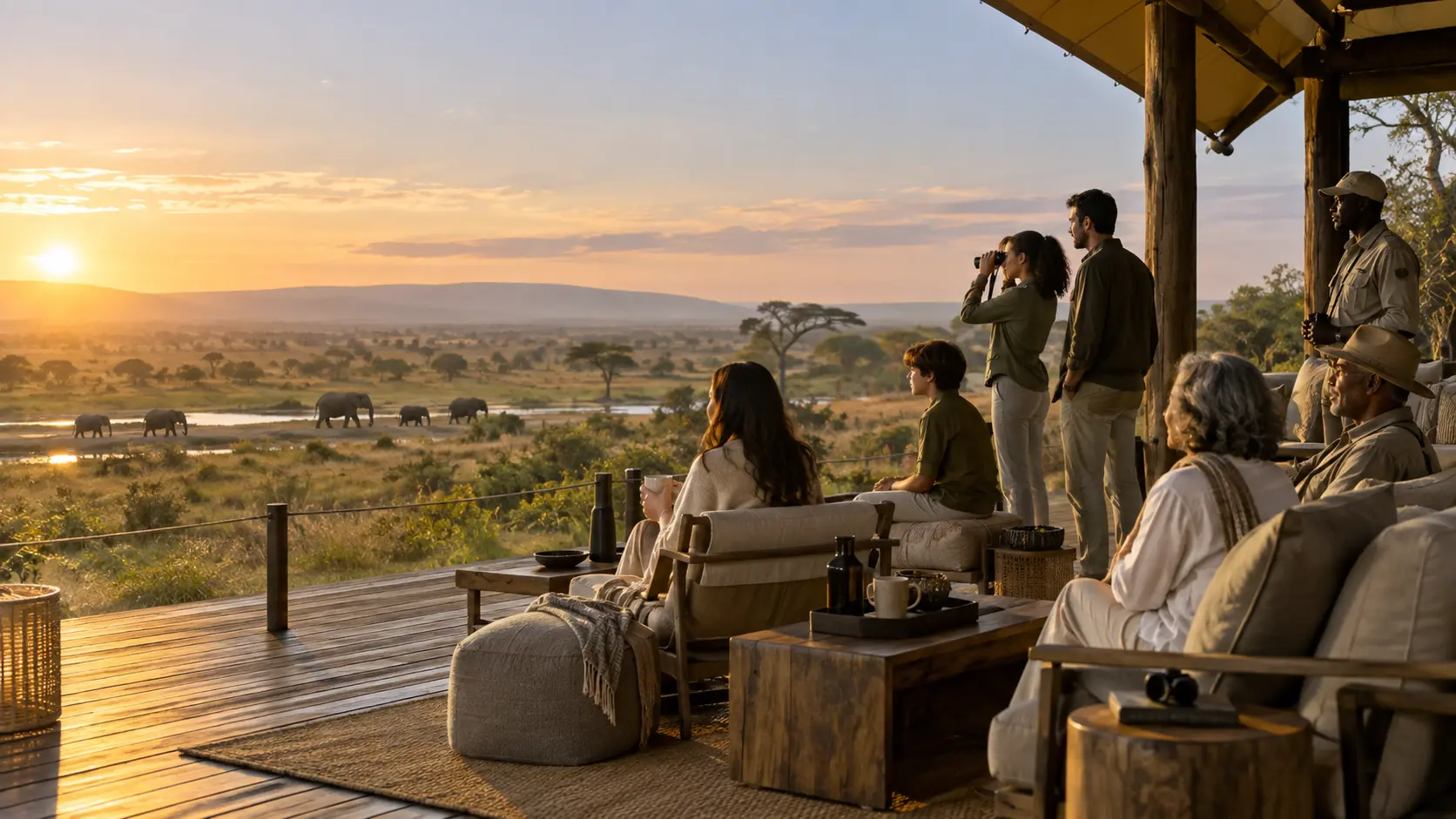 A multigenerational family watching elephants from a safari lodge at dawn