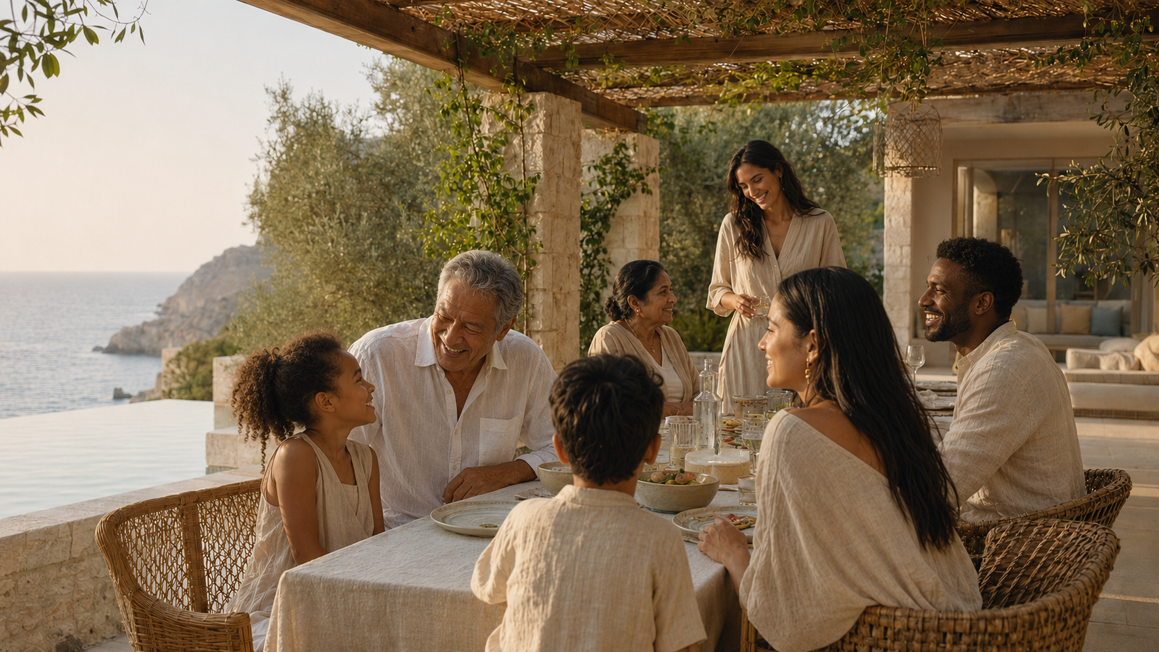 A multigenerational family sharing a long lunch on a sun-drenched stone terrace overlooking the Mediterranean at golden hour