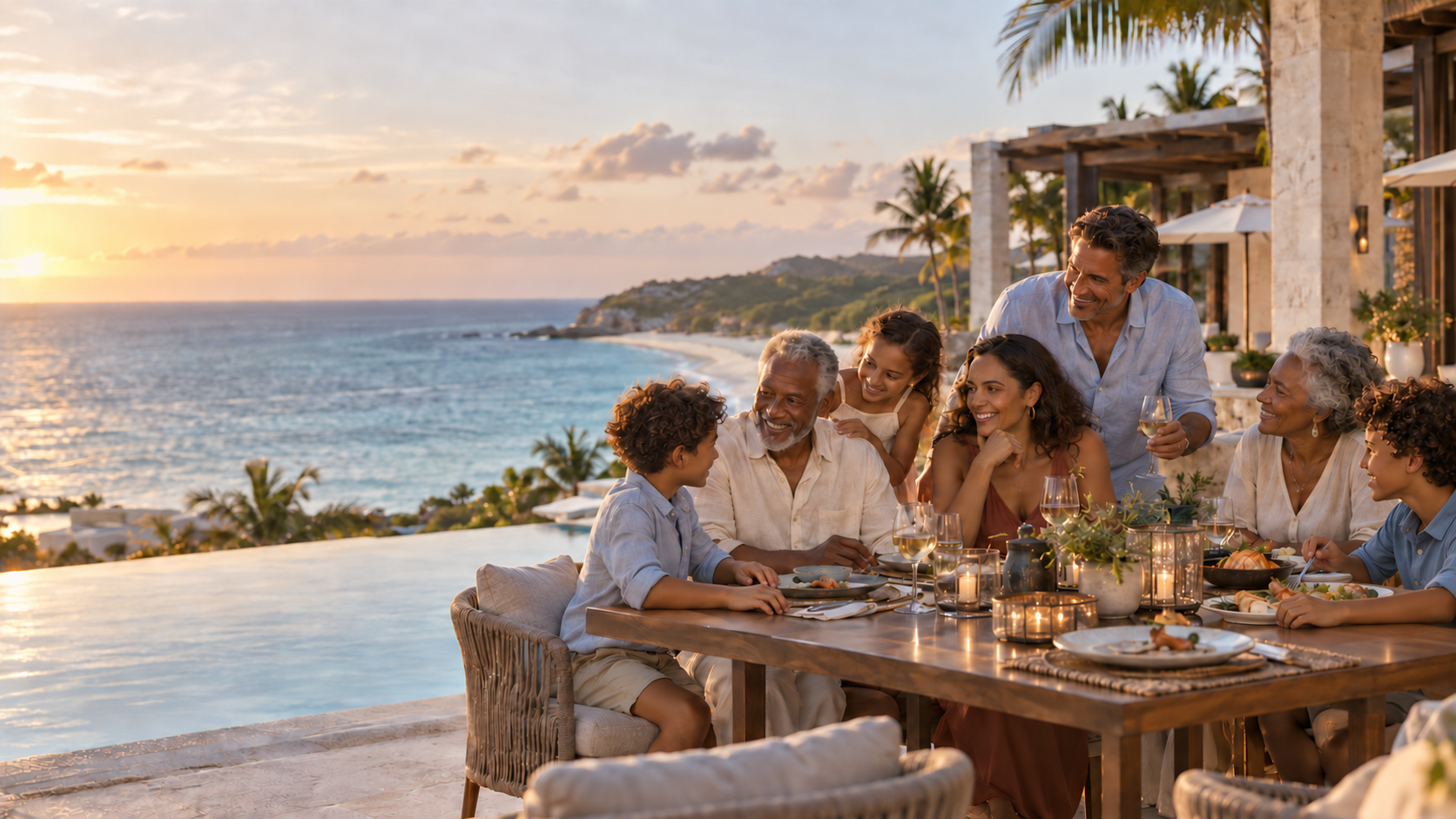 A multigenerational family sharing dinner beside the Caribbean Sea at sunset