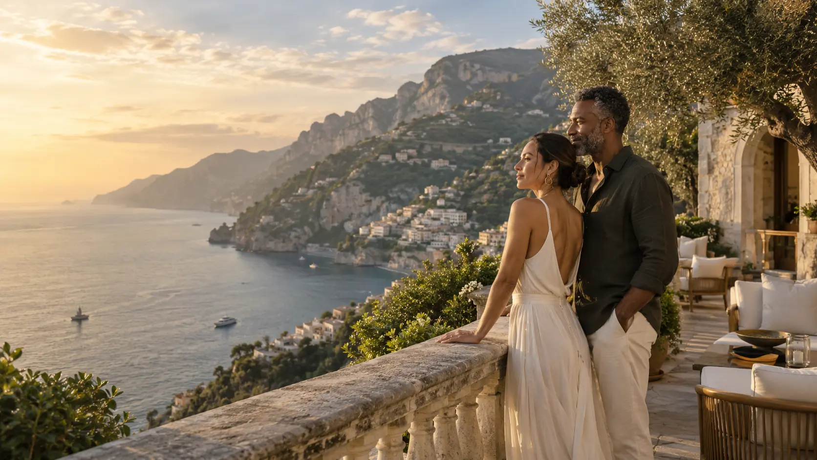 A couple overlooking the Amalfi Coast from a private terrace at golden hour