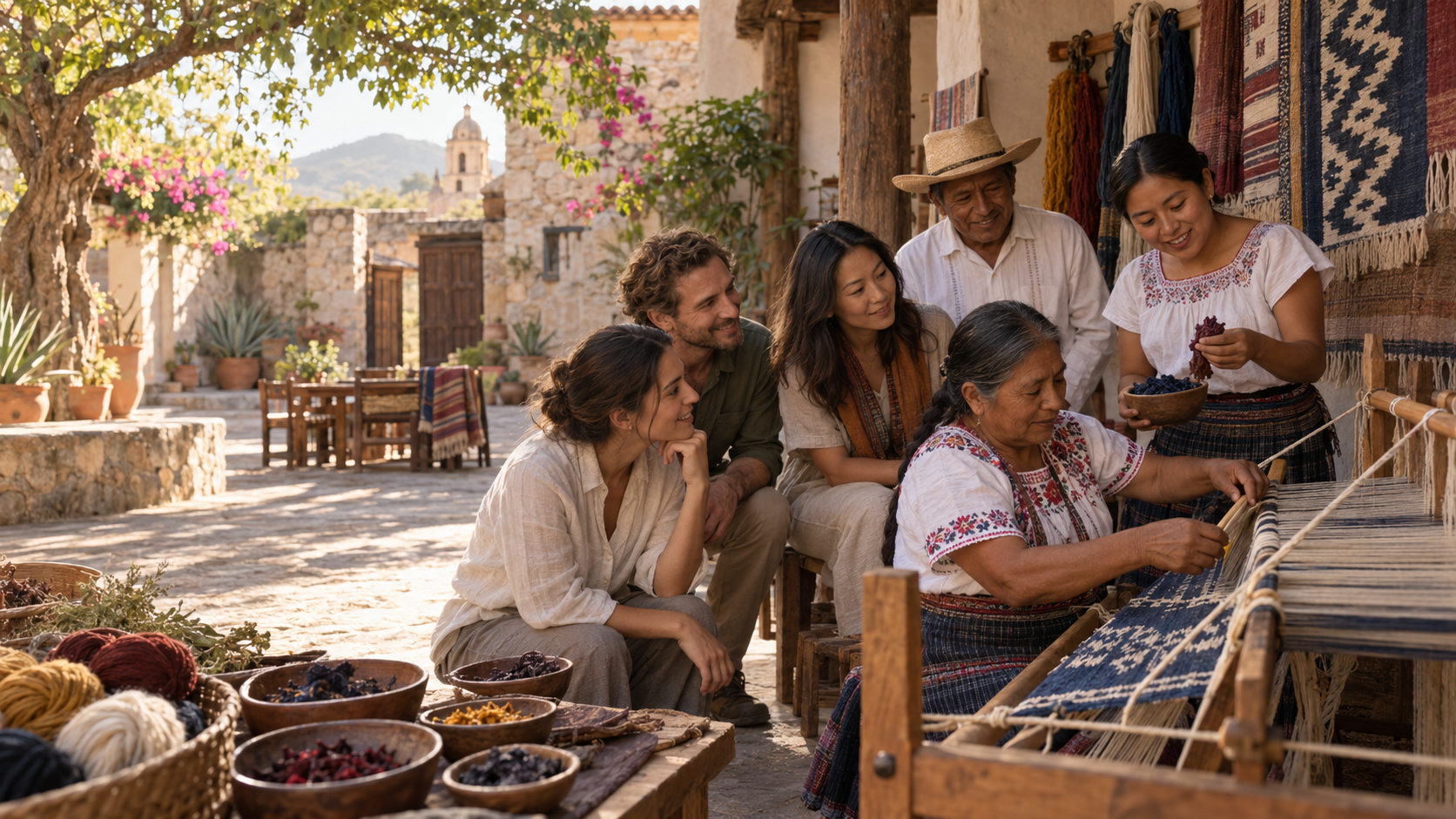 Travelers gathered in a sunlit courtyard with a master weaver, learning the craft amid colourful yarns and handwoven rugs
