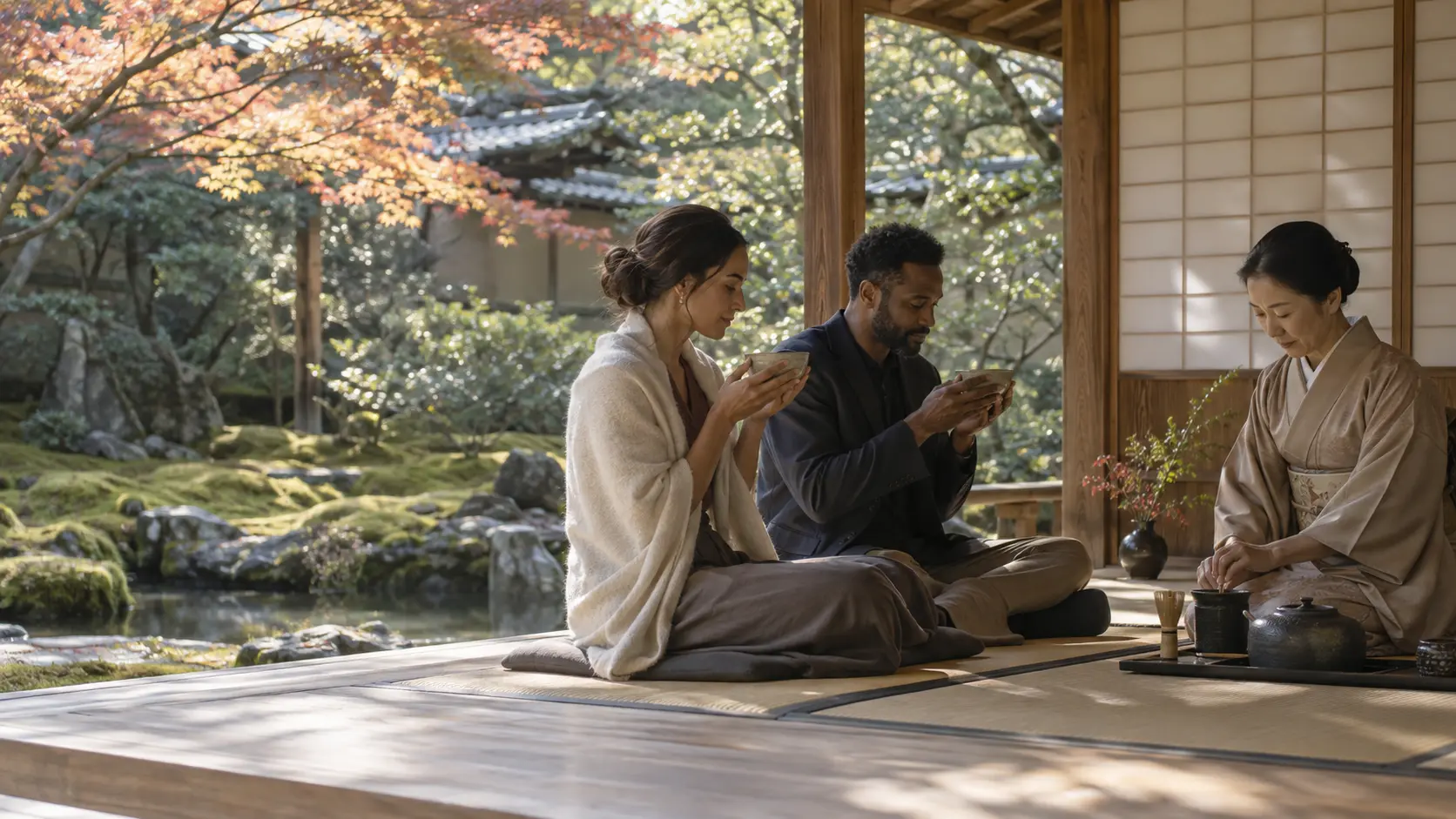 A couple taking part in a private tea ceremony in a Kyoto garden pavilion