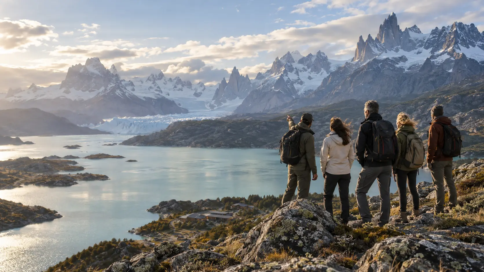 Travelers overlooking a turquoise lake and snow-capped mountains in Patagonia
