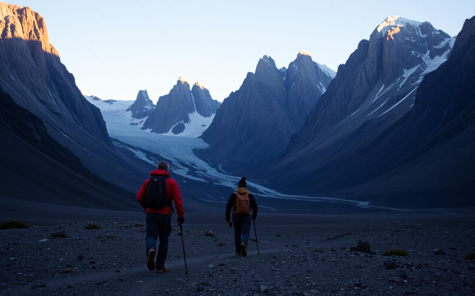 Hikers and a guide crossing a vast glacial valley beneath dramatic peaks at dawn